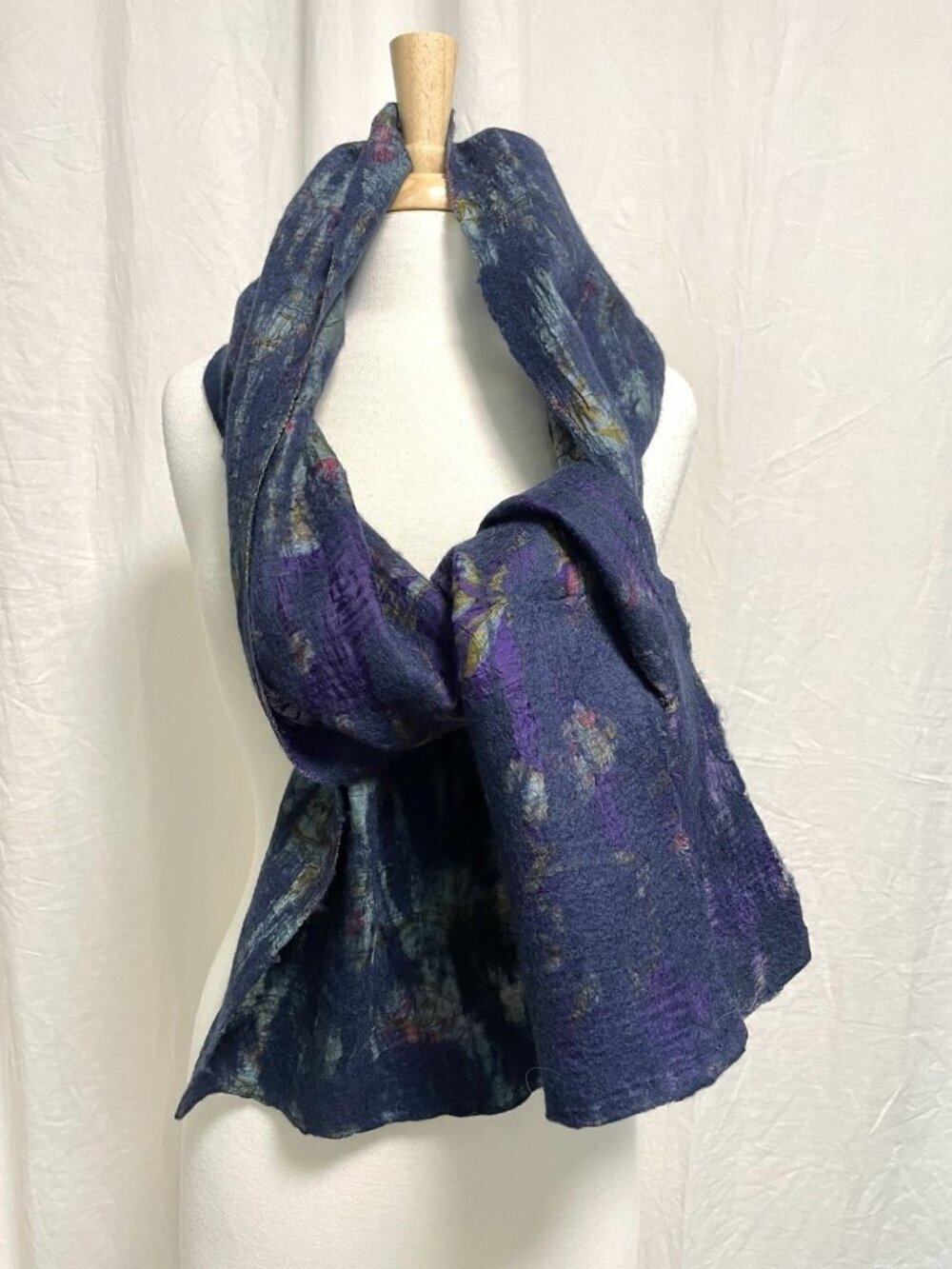 Handmade Merino Wool Silk Blend Felt Felted Art-to-Wear Scarf Shawl Wrap Blue
